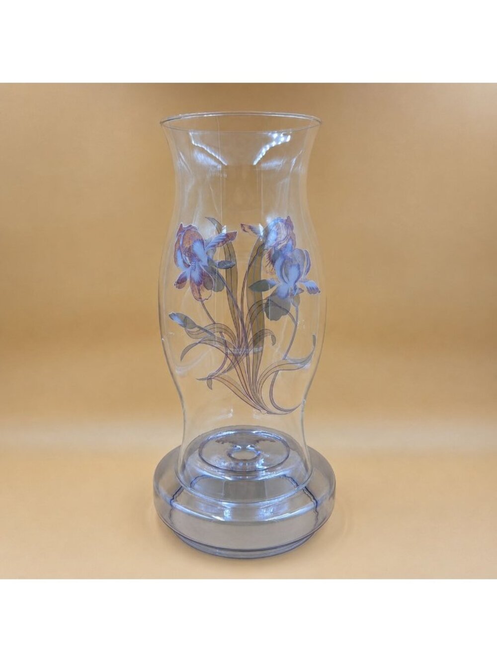 L.E. Smith Hand Painted Iris Clear Glass Hurricane Lamp Floral Candle Holder